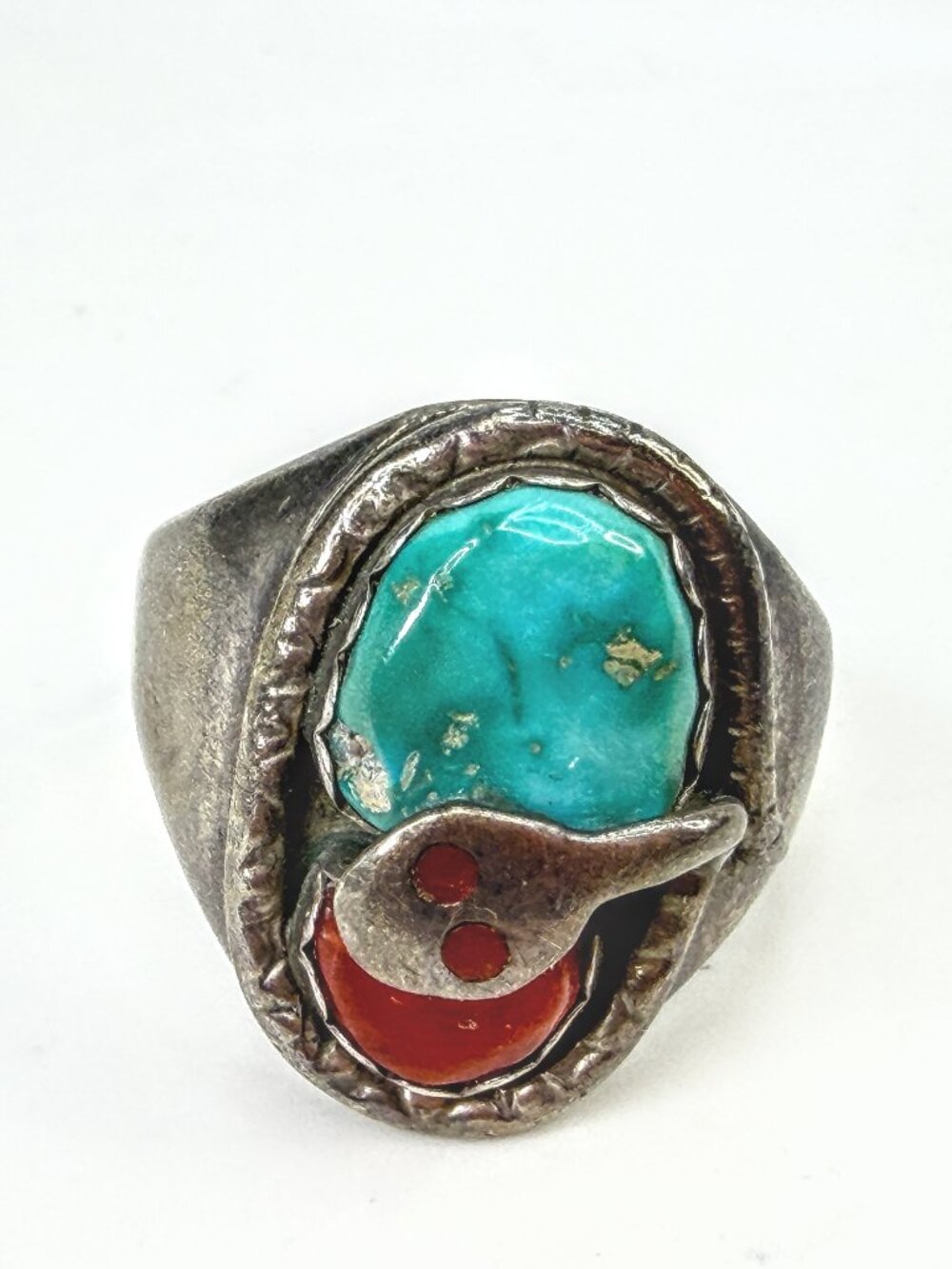 Effie Calavaza Zuni Sterling Turquoise Coral Snake Ring 10.5 7.9g JR2062